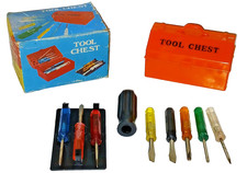 VINTAGE MINI 3" LONG 10 PIECE SCREWDRIVER SET PLASTIC TOOL CHEST ORIGINAL BOX