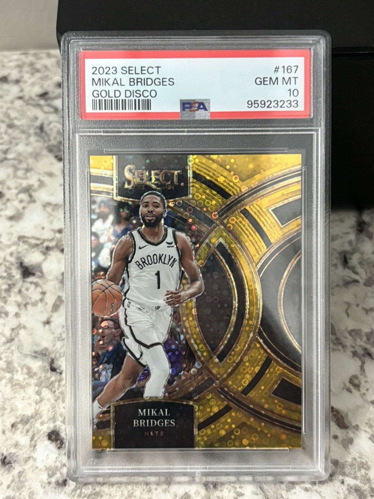 Mikal Bridges 2023 Panini Select #167 Gold Disco Prizm /10 Nets PSA 10 GEM MINT