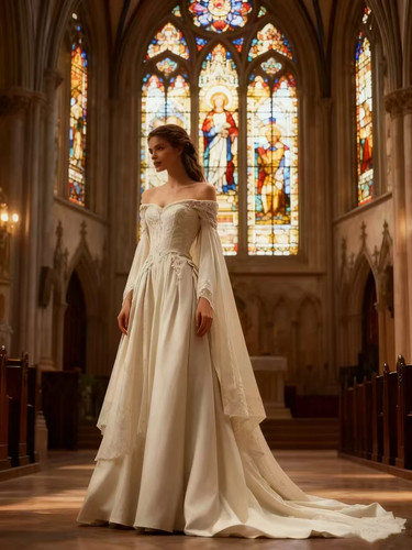 Medieval Wedding Dress Off Shoulder Cape Sleeves Lace A-Line Vintage ...