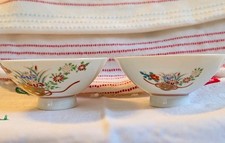 Vintage Two Japanese Fine Porcelain Rice Bowls Hand Painted Floral Basket Design