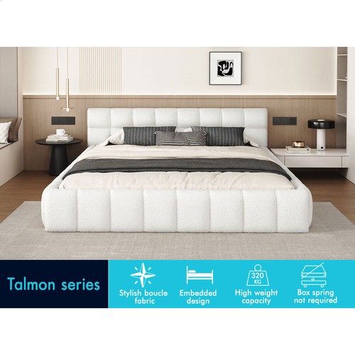 ALFORDSON Bed Frame Queen Size Tufted Headboard Foundation White Boucle TALMON - Picture 2 of 11