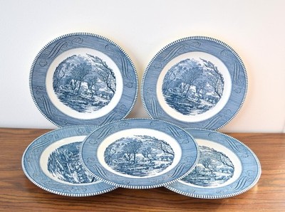 5 Currier & Ives Blue by Royal Dinner Plates The Old Grist Mill