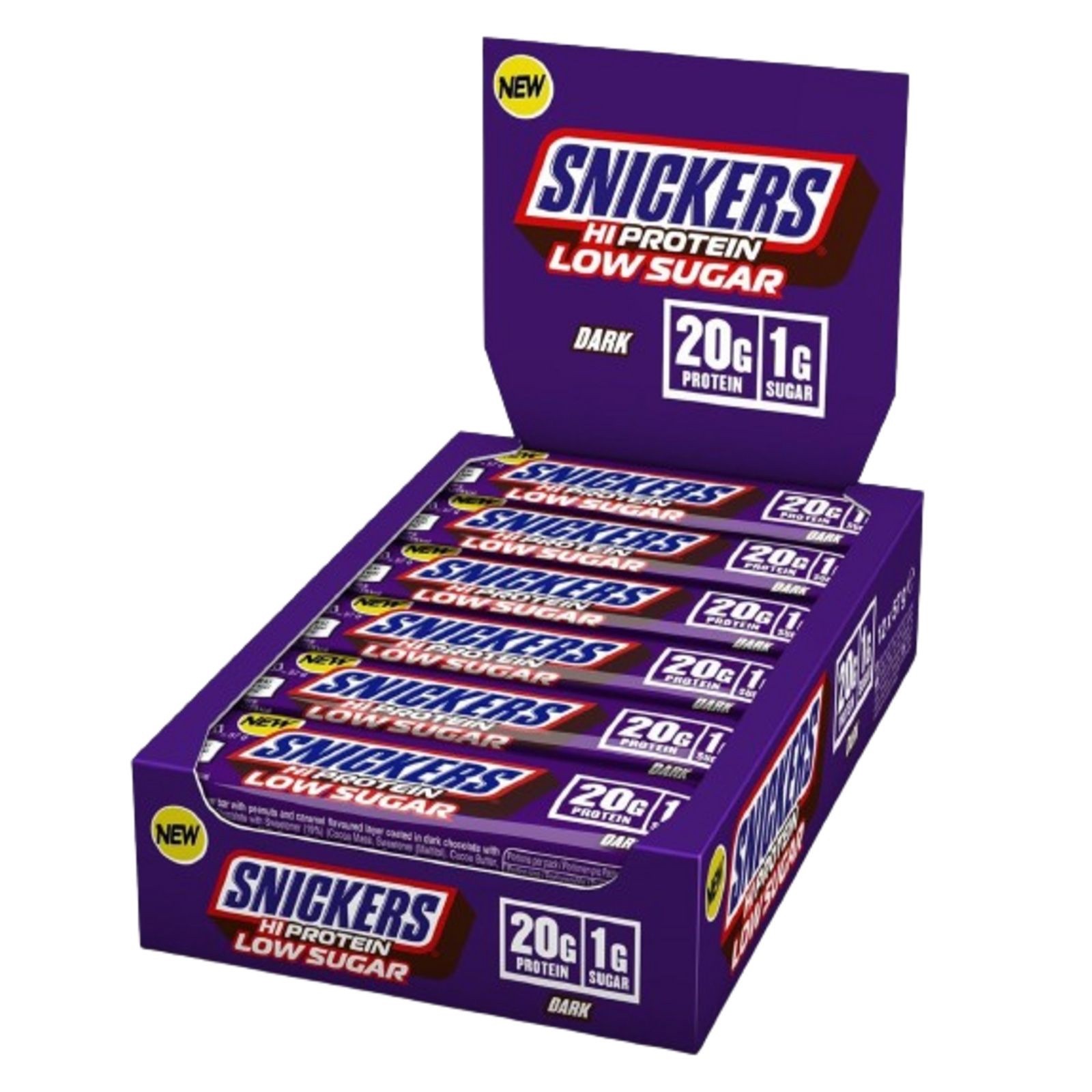 SNICKERS HI PROTEIN LOW SUGAR 12 x 57g BARS BOX DARK CHOCOLATE PEANUTS