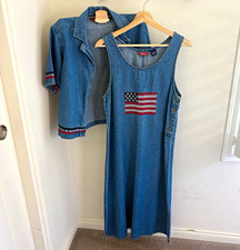 90s set American Flag Denim Jumper Dress Sleeveless midi Pinafore USA and shirt