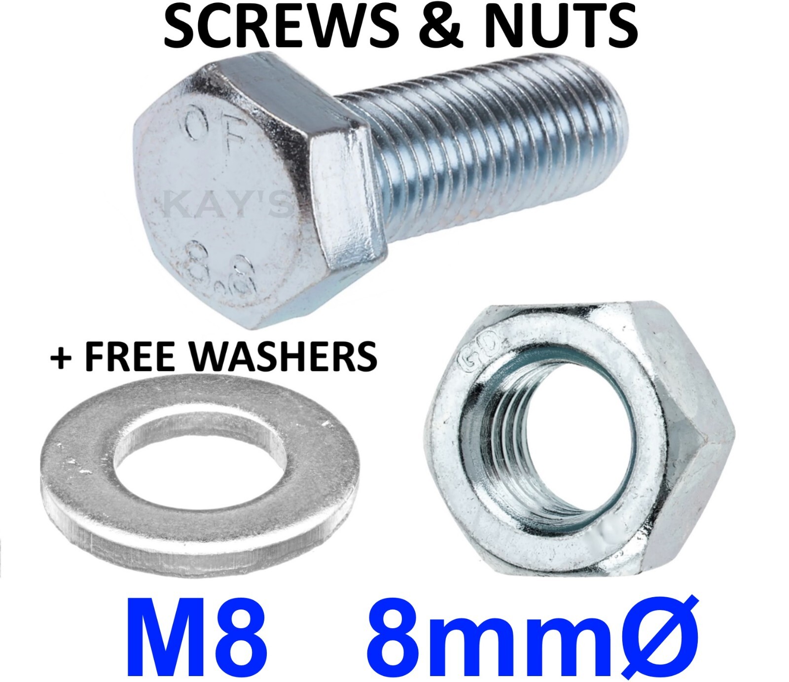 M8 (8mmØ) BOLTS AND NUTS FULLY THREADED ZINC PLATED SET SCREWS NUTS FREE WASHERS