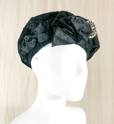 Handmade Beret Black Satin & Diamante Buckle Winter Hat One Of A Kind New Lined - Picture 3 of 6