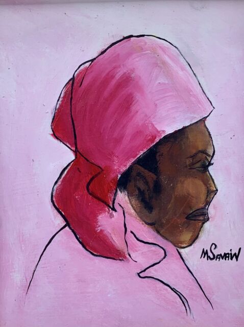 Bold Mid Century Pink Ombré Haitian Woman Oil Painting Signed M Savain