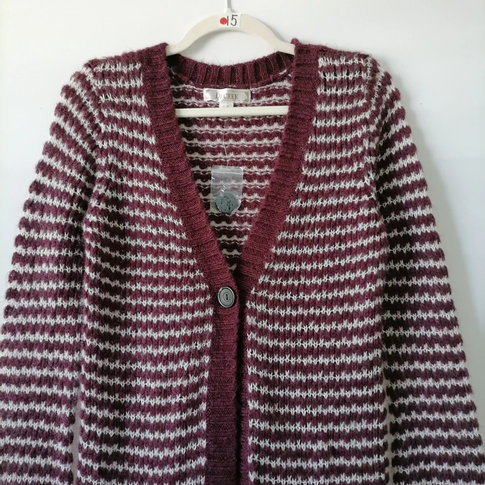 Cárdigan suéter a rayas con flecos de manga larga rojo granate Decree para mujer talla L Foto 3 de 4