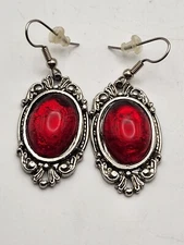 Blood Red Cabochone Silvertone Dangle Earrings Gothic Victorian Statement JPI