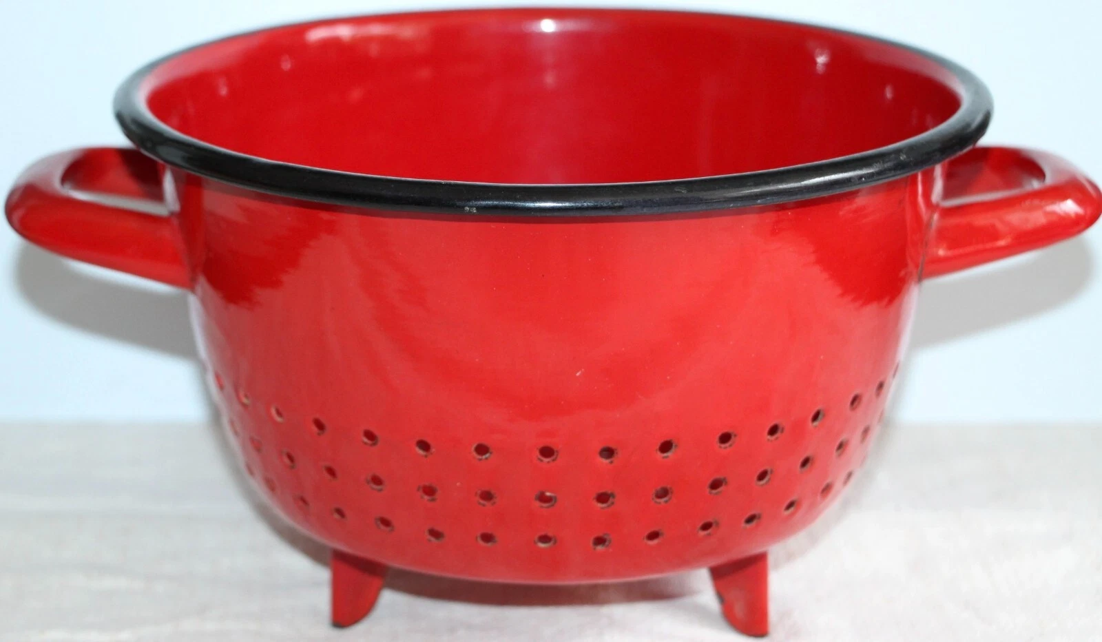 Vintage French Red Enamel Colander / Sieve