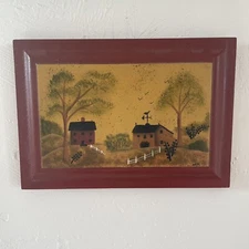 2 Minature Hand Painted Americana Farm Country Scene Cottage Sheep Barn Art