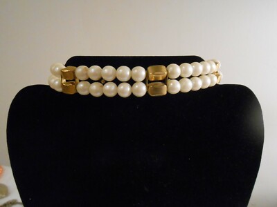 Vintage Faux Pearl Gold Bead Choker Necklace Cuff stiff/springy
