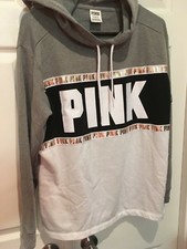 Victoria Secret Pink Hoodie Bling Tunic Sweatshirt Graphic NEW S Grey White Gold