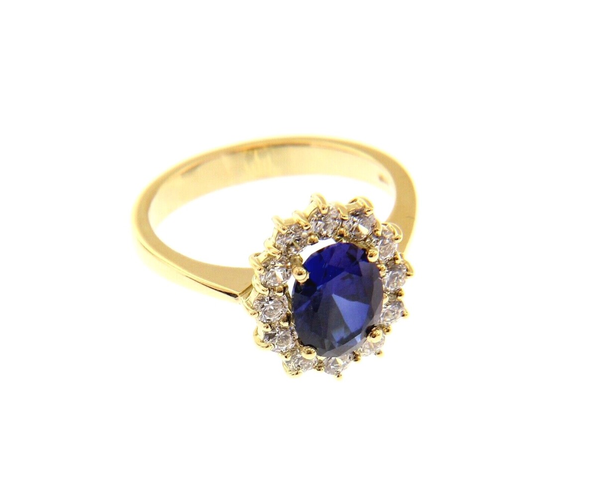 18K YELLOW GOLD FLOWER RING BIG OVAL 9x7mm BLUE CRYSTAL