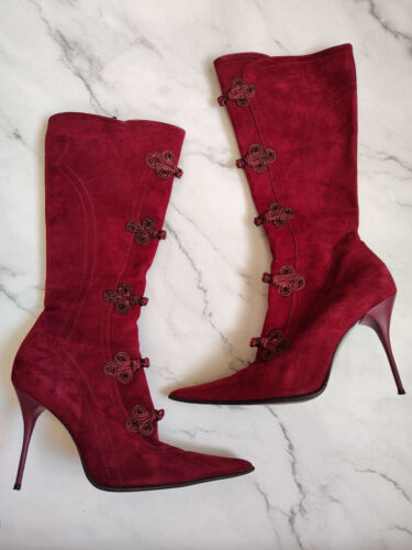 Designer Pointed Toe Knee High Suede Maroon Boots US 6.5 Womens Boots JeuDeFemme - Picture 1 of 16