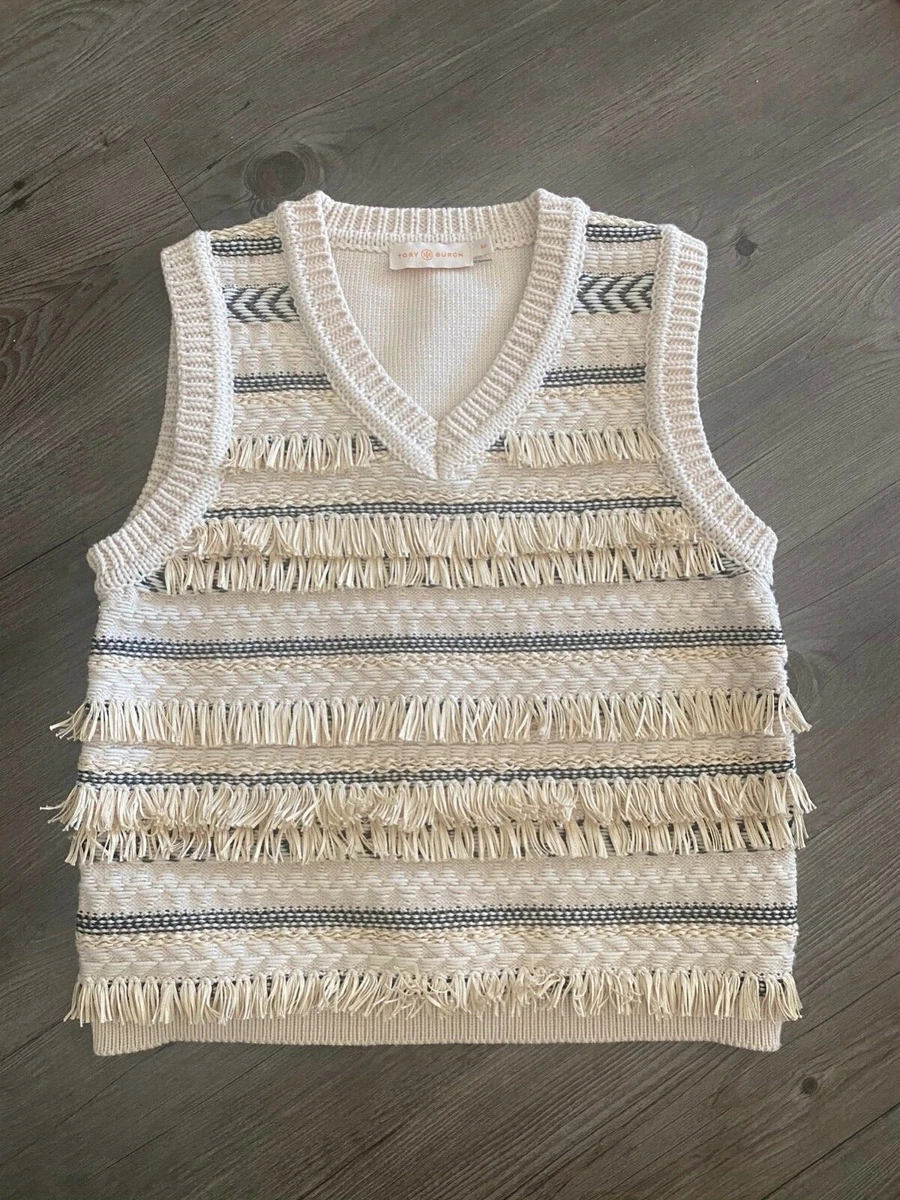 Tory Burch V- Neck Knit Jacquard Fringe Trim Sweater Vest | S
