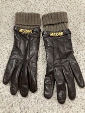 Moschino Brown w Gold Logo Hardware Ladies Leather Gloves Made Italy 7 READ DESC