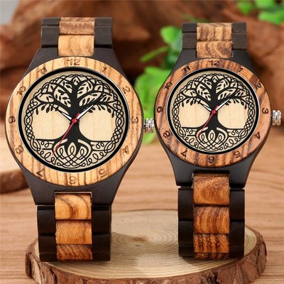 Tree of Life Couple Watch His & Hers Natural Wood Quartz Two-Tone Brown Present