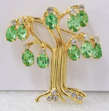 KJL Kenneth Jay Lane Signed Tree Of Life Dangle Crystals Gold Tone Brooch Pin