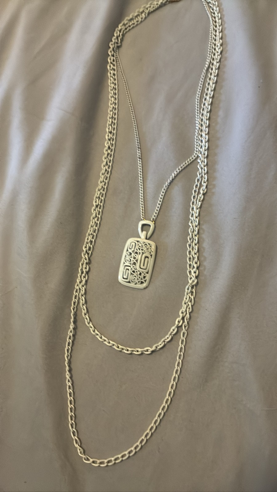 Sterling Silver Layered Etched Rectangle Pendant … - image 2