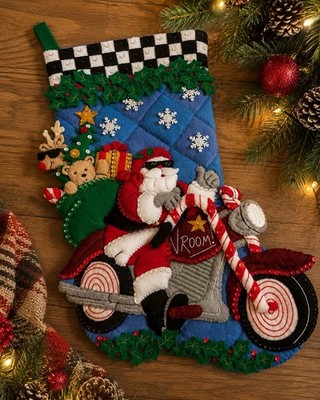 Bucilla Santa Motorcycle Felt Christmas Stocking Finished Handmade Retired