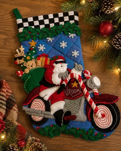 Bucilla Santa Motorcycle Felt Christmas Stocking Finished Handmade Retired