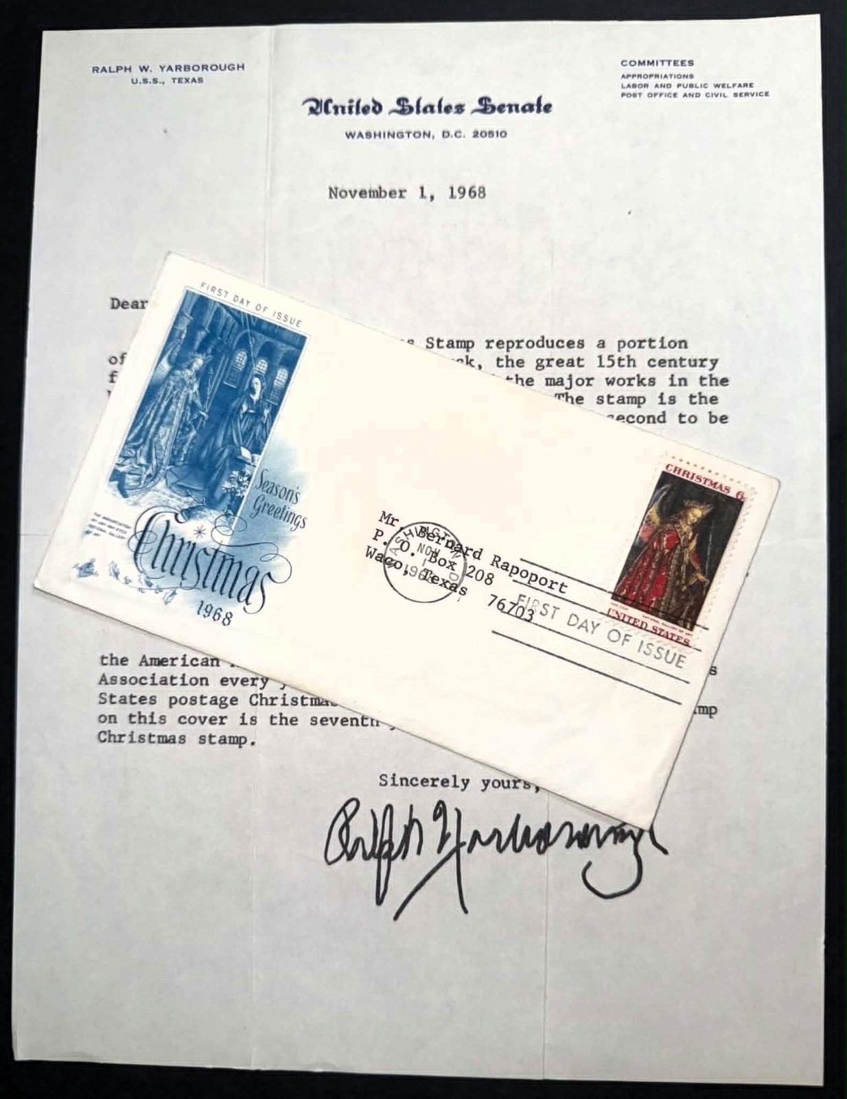 Scott 1363 ArtCraft FDC Christmas 1968 + Signed Ralph Yarborough Senate Letter