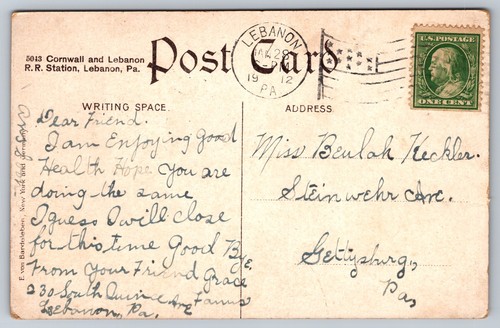 Cornwall & Libanon Railroad Station Lebanon Pennsylvania PA Train Depot 1912 PC - Bild 2 von 2