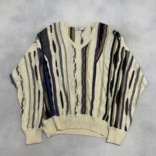Vintage Abstract Knitted Jumper Patterned Grandad V-Neck Chunky Knit Sweater