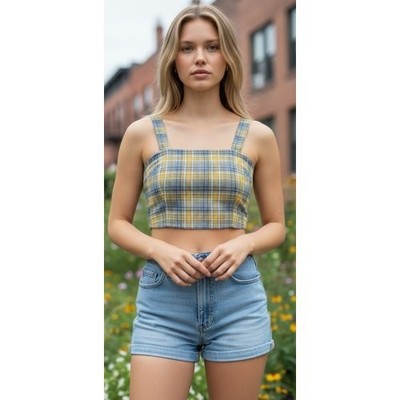 BETTER BE Gray and Yellow Plaid Crop Top Juniors MEDIUM