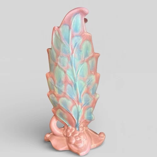 Royal Haeger Art Pottery Leaf  Shaped Vase in Pink and Blues 12.25”