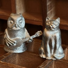 2er Set Zinn große Fingerhüte - Miniaturen - Eule & Muschi Katze 