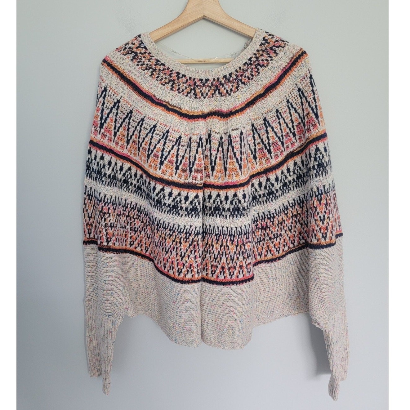 Cliche Poncho Sweater Womens M Wool Blend Aztec Tribal Pullover Boho Knit Top
