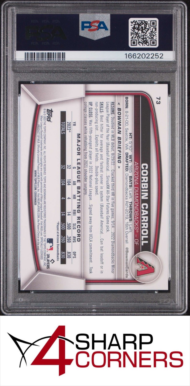 2023 BOWMAN #73 CORBIN CARROLL RC DIAMONDBACKS PSA 10 view 2
