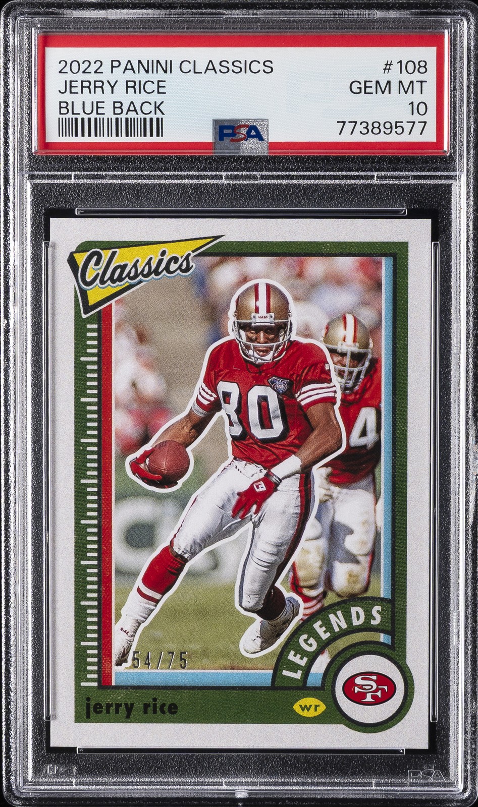 2022 PANINI CLASSICS BLUE BACK #108 JERRY RICE 54/75 PSA 10