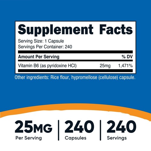 Nutricost Vitamin B6 (Pyridoxine HCl) 25mg, 240 Capsules | eBay