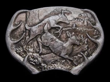 NE25102 VINTAGE 1977 **TWO DEER IN FOREST** BRASSTONE BERGAMOT BELT BUCKLE