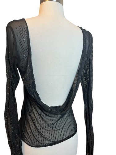 OW Collection Mesha Blouse M Black Rhinestone Mesh Long Sleeve Draped V-Back - Picture 8 of 11