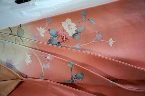 Japanese kimono "HOUMONGI" SILK, a branch of flowers, Sign, Pink ,L5'5"..3357 - Picture 16 of 17