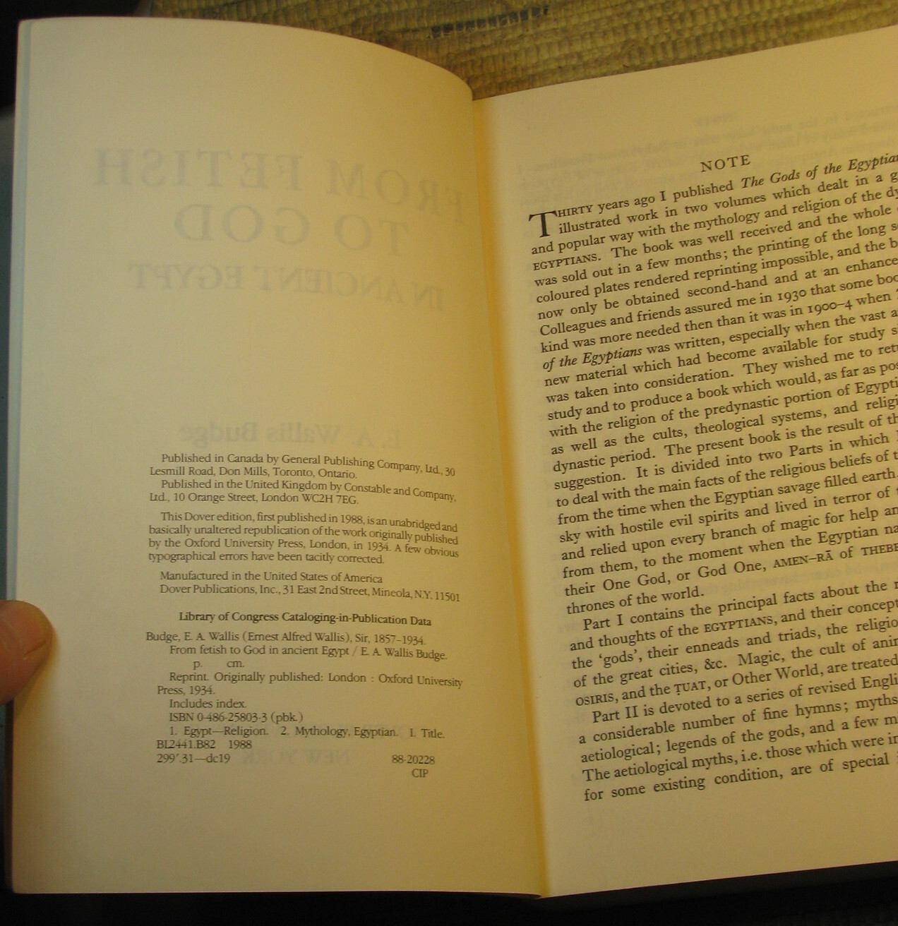 FROM FETISH TO GOD IN ANCIENT EGYPT by E A Wallis Budge 1988 Dover 1st Ed Paperb