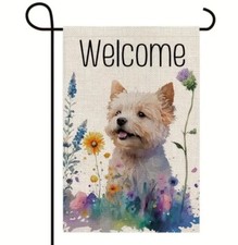 Welcome Burlap Terrier Floral Garden Flag Double Sided 12in x 18 in