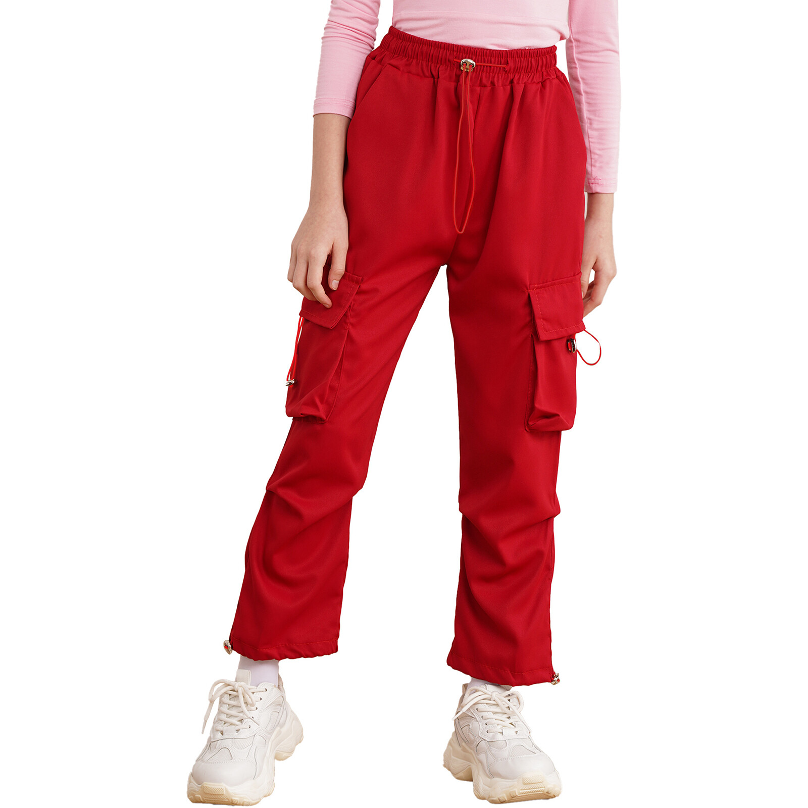 Kids Girls Stylish Casual Cargo Pants Elastic Waist Flap Pockets