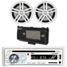 Pyle CD Player White Radio USB Marine Receiver, 2x 6.5" White Speakers, Cover