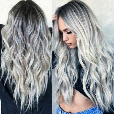 Women Gradient Grey Long Curly Wig Human Hair Lace Front Full Lace