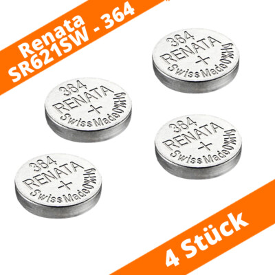 4 x Renata 364 Uhren-Batterie Knopfzelle SR621SW AG1 V364 SR60 Silberoxid 