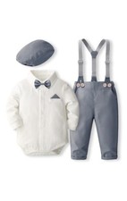 Baby Boys Tuxedo Set 4PCS Outfit with Bowtie Shirt Pants Beret Hat for Infants