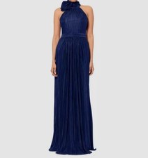 Betsy  Adam Women's Blue Mock-Neck Pleated Halter Gown Dress Size 4