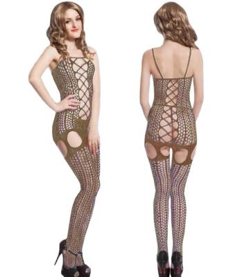 Lau-Fashion Damen Catsuit Beige Overall Offen Netz Dessous Gogo Reizwäsche S/M/L