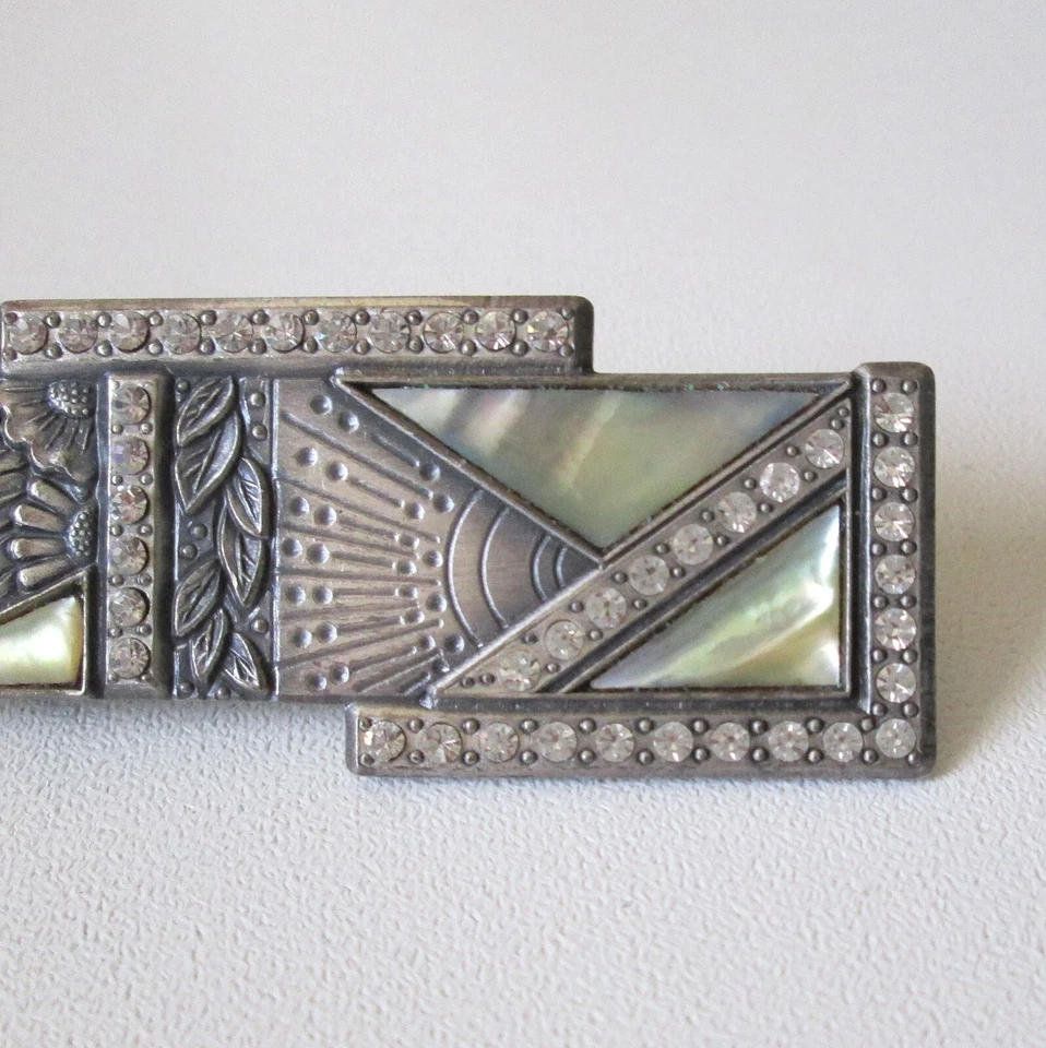 Vintage Nuri Pewter Brooch Bar Pin Art Deco Revival Rhinestones Abalone Signed - Image 3 of 4