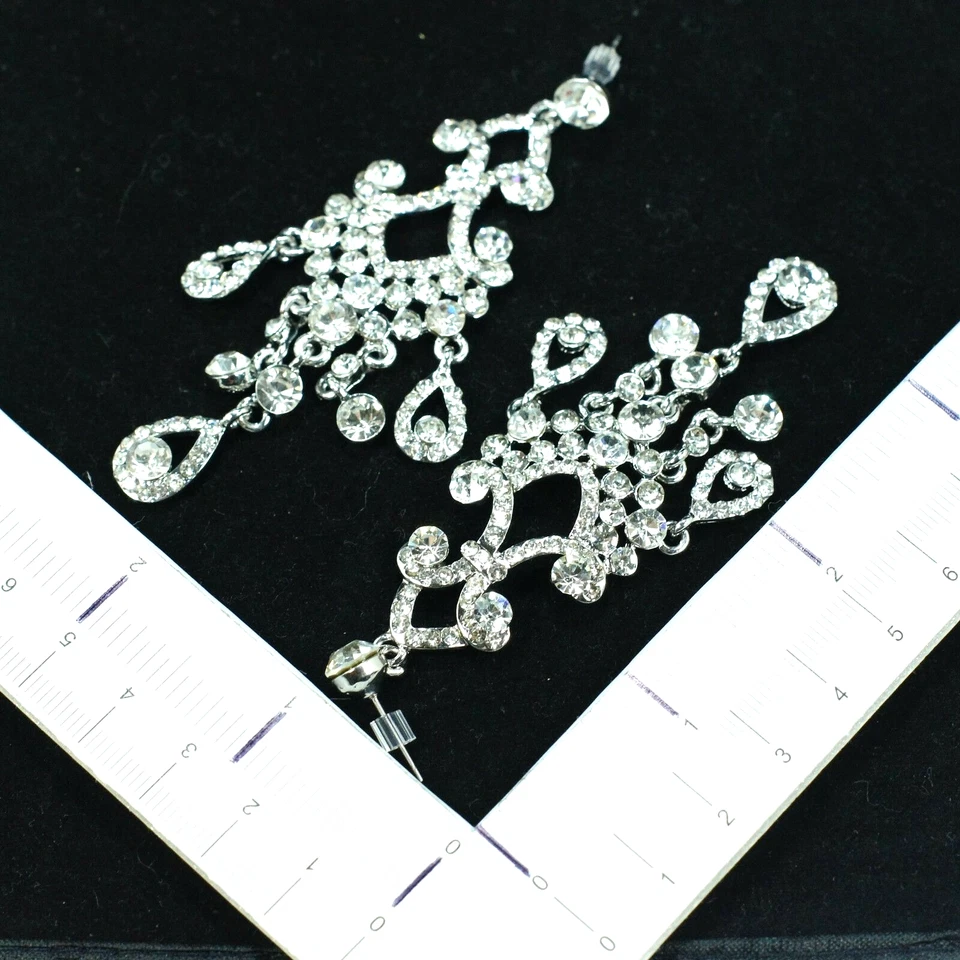 Chandelier Dangle Drop Earrings Clear Crystal Rhinestone Rhodium Plated Wedding - Image 4 of 4